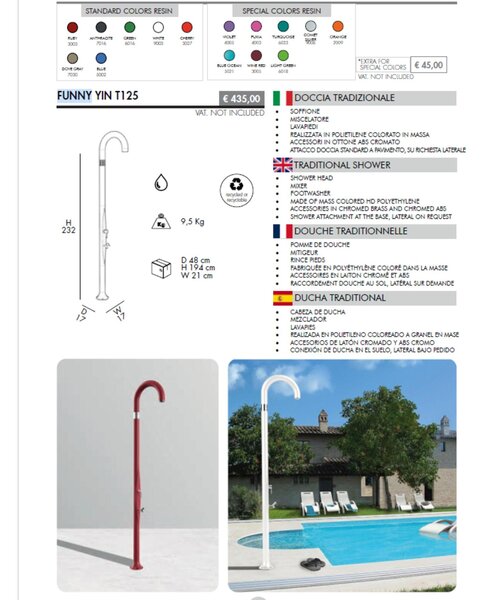 Doccia da Giardino Piscina in Resina FUNNY YIN RUBY CON LAVAPIEDI Dimensioni 232x30x17 cm - peso 9,5 kg design Curvo Con Miscelatore Caldo-Freddo