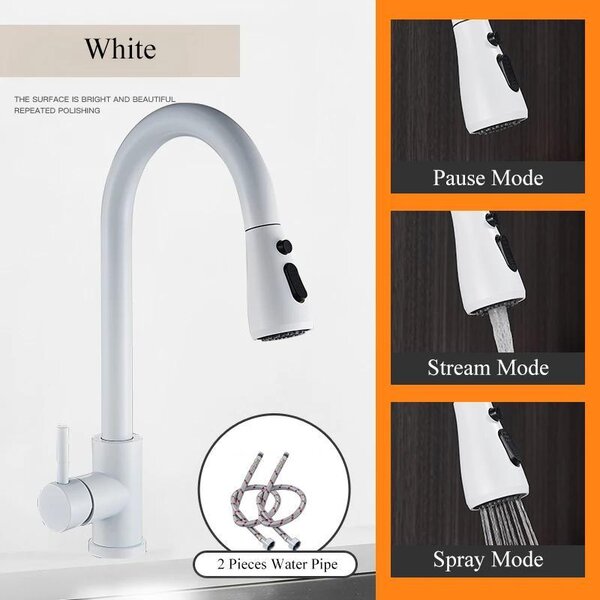 Rubinetto da cucina - Doccetta estraibile - Monocomando - Montaggio monoforo - Acqua calda e fredda - Corpo in ottone - Cartuccia in Vetroceramica - Bocchello orientabile - Bianco