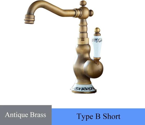 Miscelatore da cucina/bagno in porcellana bianca e blu - Miscelatore monocomando in ottone anticato - Bocchetta girevole a 360° - Acqua calda e fredda - Monocomando, foro singolo - Montaggio a incasso - Modello B Short