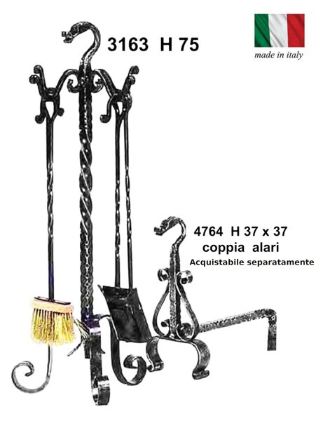 Gruppo per camino in Ferro battuto base quadrata 28x h 75 cm - Peso 5,2 kg lavorazione artigianale in stile classico made In Italy 100x100
