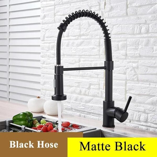 Miscelatore da cucina estraibile, rubinetto per lavello con beccuccio girevole a 360°, per acqua calda e fredda, in ottone, monocomando, da installare su un foro, finitura nera opaca