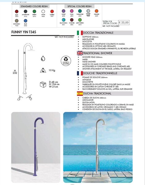 Doccia da Giardino Piscina in Resina FUNNY YIN BLU Dimensioni 232x30x17 cm - peso 10 kg con Soffione 250 mm Con Doccino mobile