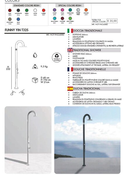 Doccia da Giardino Piscina in Resina FUNNY YIN VERDE Dimensioni 232x30x17 cm - peso 9,5 kg con Soffione 250 mm miscelatore caldo e freddo pi� lavapiedi