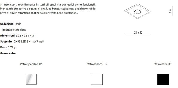 Plafoniera da Muro con in Vetro a Specchio collezione DADO Dimensioni 22x22x h 3 cm - 0,7 kg GX53 LED 1 x max 7 watt struttura Nero