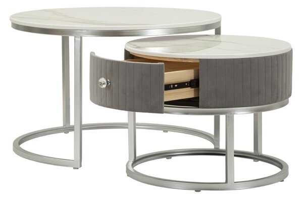 Tavoli da caff� Greys, coppia moderna con struttura in metallo silver e piano effetto marmo dimensioni � 70x48-� 50x43,5 crema e oro