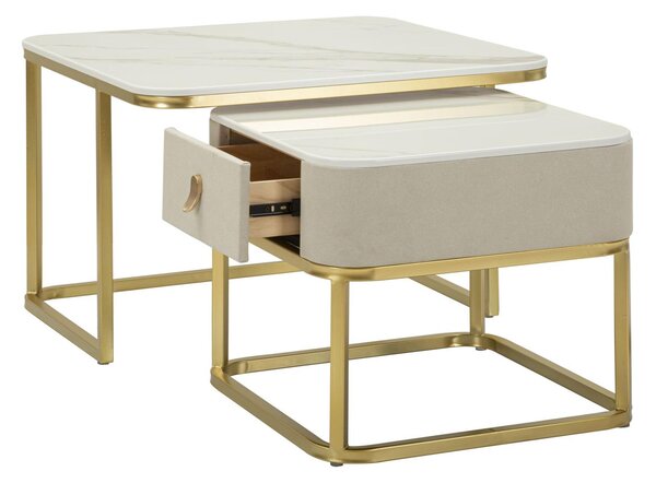 Tavoli da caff� Forma Quadrata BEAUTY, con piano effetto marmo dimensioni 70x70x48-50x50x43,5 cm crema e oro