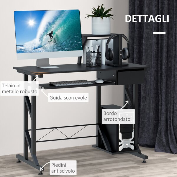 HOMCOM Scrivania per Computer Salvaspazio in Acciaio e Legno con Cassetto, Ripiano Tastiera Estraibile|Aosom