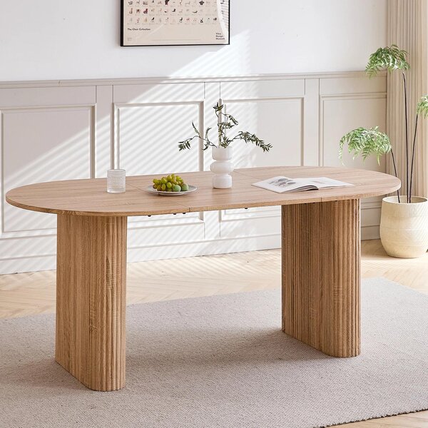 Tavolo da pranzo moderno - Tavolo ovale con colonna zigrinata - Legno, 120–160 cm - Per 6–8 persone - Marrone chiaro