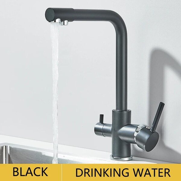 Rubinetto per lavello da cucina - Miscelatore con filtro - Doppio beccuccio - Girevole a 360° - Acqua calda e fredda - Ottone - Montaggio su un foro - Nero cromato