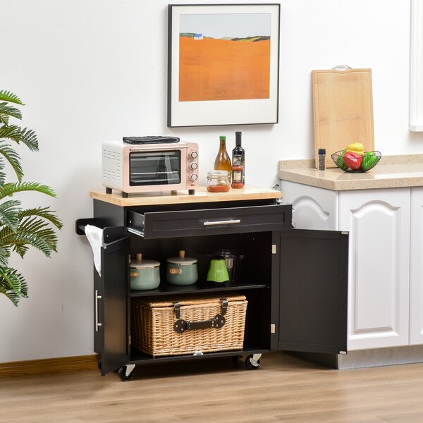 HOMCOM Carrello da Cucina con Cassetto, Portaspezie e Armadietto, 4 Ruote e Piano di Lavoro in Legno, 109x40x89cm, Nero|Aosom