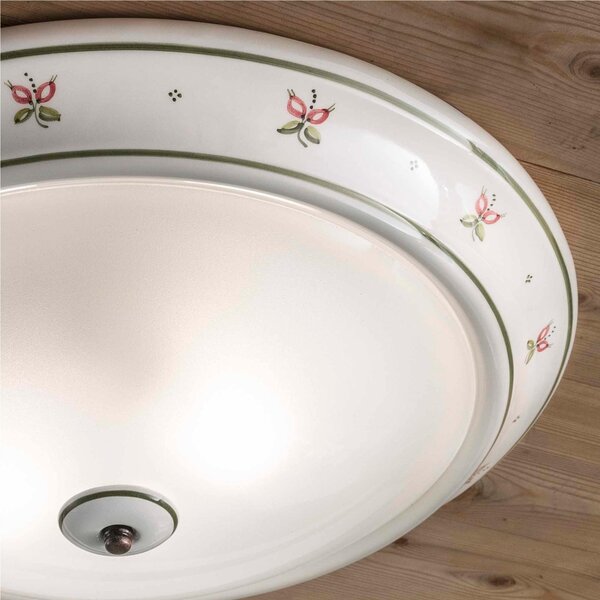 Plafoniera da Soffitto Con bordi in ceramica dipinti a mano CAPUA H 11 cm ? 32 cm peso 1 kg - Attacco Lampada E 27 interno esterno, Paralume in Vetro Bianco Vintage