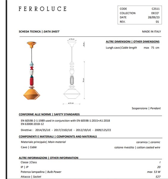 Lampada a sospensione C2511-GIA Collezione LARIAT Diametro ? 31x h 70 cm -1 x max 53W E27 interno COLOREGiallo