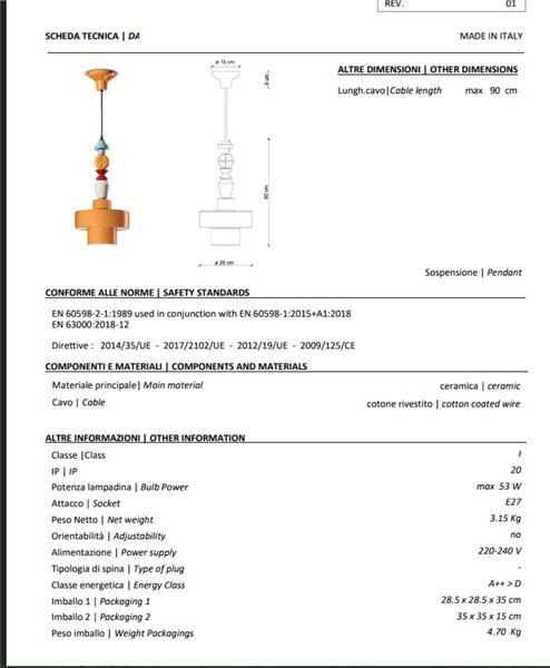 Lampada a sospensione catena multicolore di geometrie Collezione LARIAT Diametro ? 28x h 60 cm -1 x max 53W E27 interno COLORE Giallo