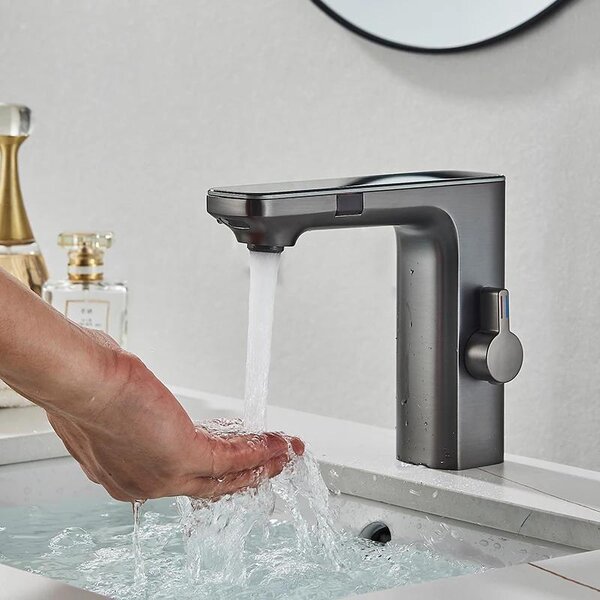 Rubinetto intelligente con sensore - Miscelatore per lavabo - Senza contatto, display digitale, acqua calda/fredda, montaggio a incasso su piano, corpo in ottone, cartuccia in Vetroceramica - Grigio