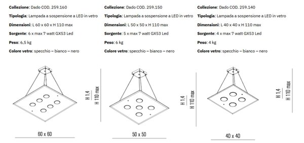 Lampada a sospensione a LED in Vetro a Specchio collezione DADO Dimensioni 40x40x h 110 cm - 4 kg 4 x max 7 watt GX53 Led struttura specchiante