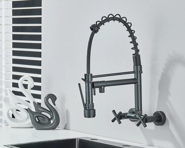 Rubinetto da cucina - Rubinetto a parete con doccetta estraibile - 2 fori, interasse 20 cm - Miscelatore a due manette caldo/freddo - Bocca orientabile - Ottone - Cartuccia in Vetroceramica - Nero opaco