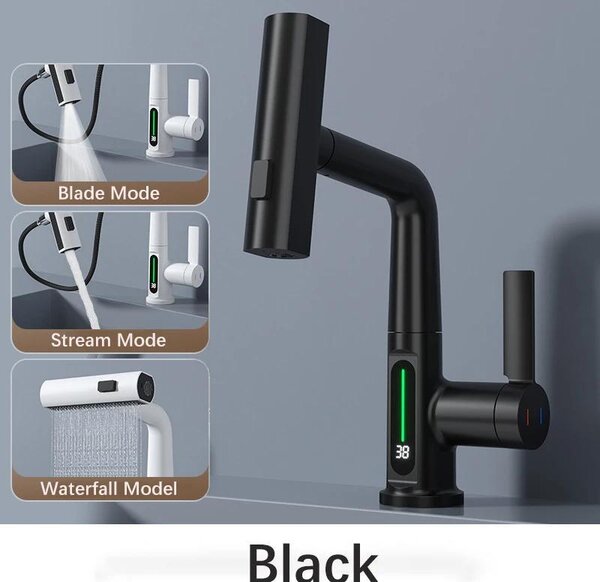 Miscelatore da cucina intelligente - Miscelatore estraibile per lavello - Display digitale - Controllo tramite sensore - Acqua calda e fredda - Girevole a 360° - Nero