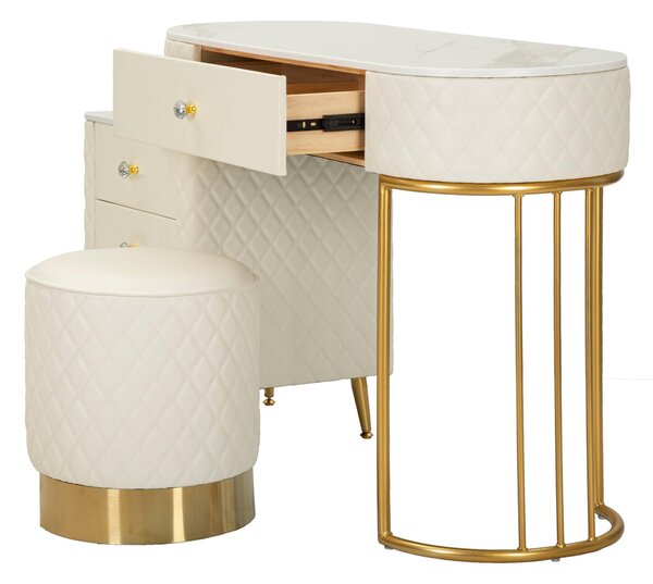 Toeletta lussuosa e raffinata in simil pelle trapuntata e struttura in metallo dorato METAL AND Dimensioni 120x40xh 75 cm top in simil marmo colore Bianco-Oro