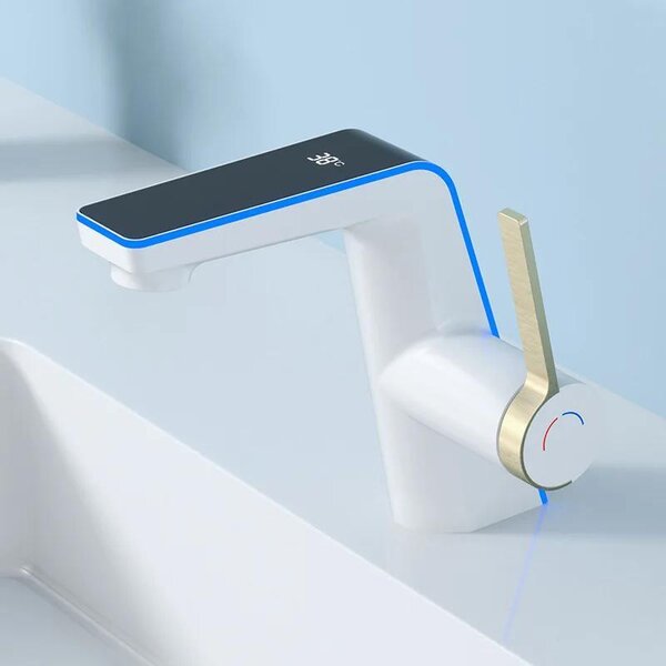 Miscelatore monocomando per lavabo da bagno con display digitale della temperatura, illuminazione a LED, per acqua calda e fredda, montaggio monoblocco, installazione a incasso, colore bianco