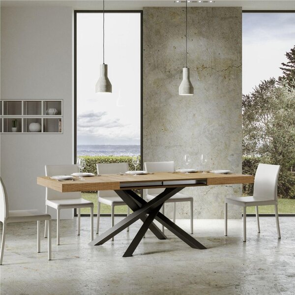 Tavolo Allungabile con 2 allunghe VOLANTIS 90x130xh77 cm estensibile fino a 224 cm Allunghe da 52 cm, gambe in Ferro verniciate Antracite piano colore Quercia Natura