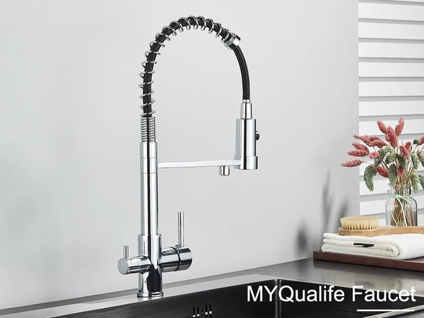 Rubinetto da cucina - Rubinetto a due maniglie - Doccetta estraibile - Acqua calda/fredda - Orientabile - Montaggio monoforo - Cartuccia in Vetroceramica - Cromo