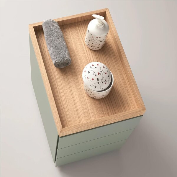 Cassettiera 3 cassetti con vassoio superiore in Rovere Europeo Dimensioni 32x44x h 55 cm Struttura in legno con 4 ruote con freno Verde Eucalipto RAL 150 60 10