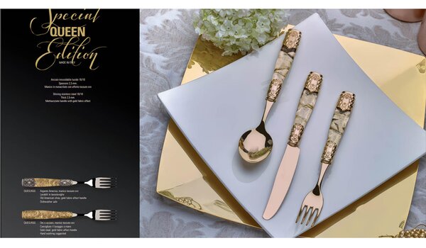 Servizio Posate QUEEN ORO GOLD Edizione Limitata 24 pezzi - 6 posti tavola manico Metacrilato effetto Tessuto ghiera in Metallo Dorato spessore 2,5 mm