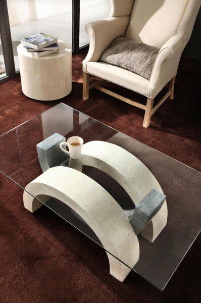 Tavolino Olimpia Stone Decor E5 120x70xH41 cm, Vetro Trasparente, Gambe Pietra Fossile Beige e Grigio