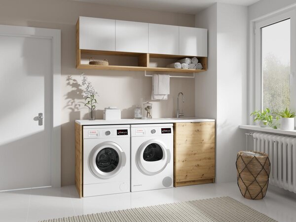 Mobili per lavanderia con lavatrice e piano di lavoro L182 cm Bianco e Naturale chiaro - NATAJI