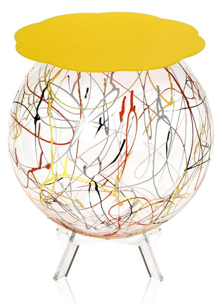 Tavolino, comodino contenitore. In plexiglass con ripiano in PMMA Dimensioni 40x40x h 46 cm, Corpo multicolor ripiano Giallo