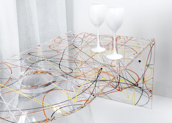 Tavolino, Ponte contenitore. In plexiglass con ripiano , BOOLLA Dimensioni 90x48x h 41 cm, Corpo Mullticolor bolla trasparente