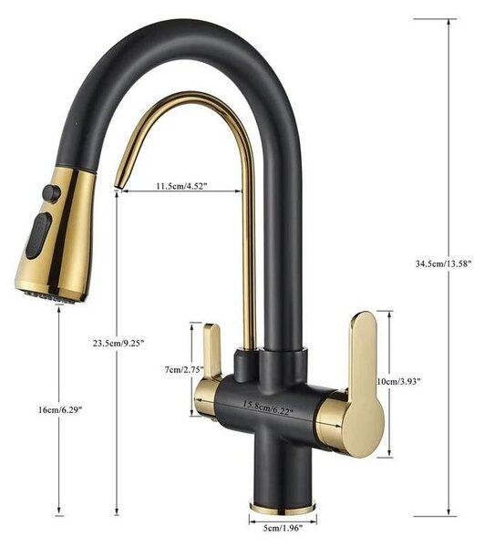 Rubinetto da cucina - Doccetta estraibile - Orientabile a 360° - Due maniglie - Montaggio monoforo - Acqua calda/fredda - Filtro per l'acqua - Nero-oro