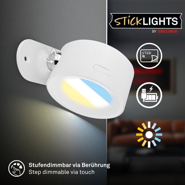 Briloner 3896016 - Lampada da parete LED ricaricabile e dimmerabile TARI, 1,6W/5V, 1500 mAh, bianco
