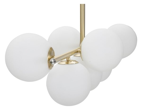 Lampadario da soffitto con 7 punti luce in metallo dorato, GLAMY , Dimensioni 81x30xh74 cm sfere in vetro bianco