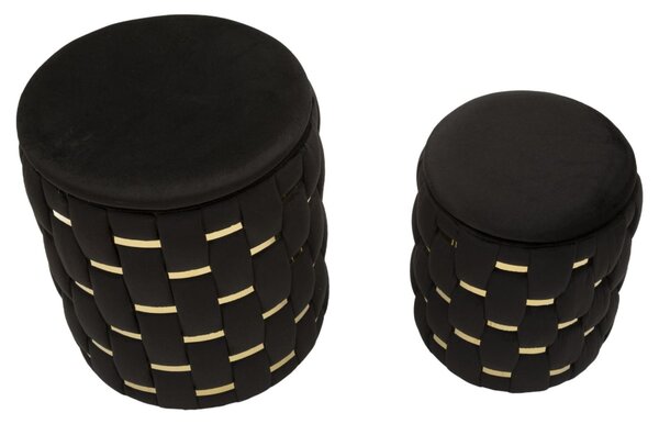 Puff rotondo SET 2 PEZZI Contenitore Shanty Oro in MDF e tessuto imbottito dimensioni � 27,5X36-18,5X27 cm peso 5 kg, rivestimento in tessuto imbottito nero -oro