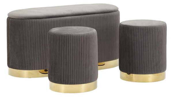 Panca e due sgabelli SET 3 PEZZI Contenitore SHOPY Crema e tessuto imbottito dimensioni 80x37x42-29x35cm peso 5 kg, rivestimento in tessuto imbottito GRIGIO -oro