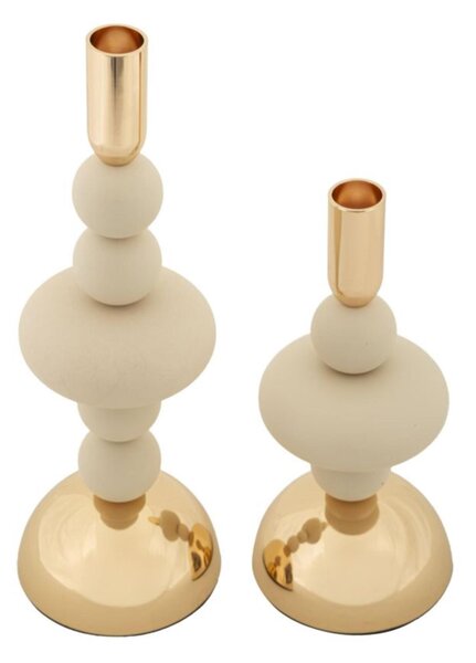 Porta Candele set due pezzi GALAXY CREAM CM � 10x h 22-10x h30 sfere e dischi colore crema e Oro