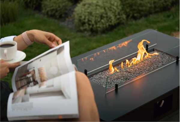 Braciere da esterno 2 in uno e tavolino da caff� in acciaio e vetro temperato - RIO FIRE - Dimensioni 106x66 x h35 cm peso 18 kg Fino a 8 kW - Alimentato a GPL - con ripiani in vetro antimacchia