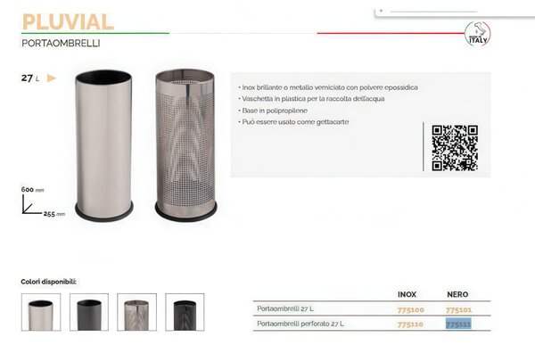 Portaombrelli in acciaio Forato PLUVIAL inox AISI430 28x28x h 64 cm - pESO 4,5 KG con foro quadrato e vaschetta adatto per esterno colore Nero