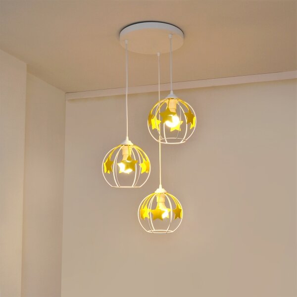 Lampadario a sospensione per bambini STARS 3xE27/15W/230V giallo/bianco