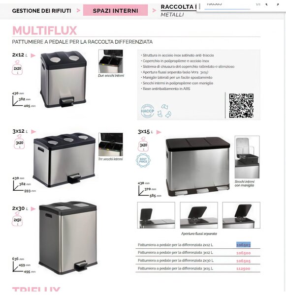 Pattumiera a Pedale per la raccolta differenziata MULTIFLUX 36 con 2x30 Lt Dimensioni 45,5x52,5x h 68,5 cm - peso 10,6 kg garanzia 10 anni inox satinato anti-traccia