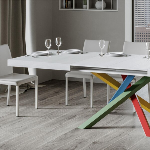 Tavolo Allungabile 160 cm fino a 4.20 mt, Piano VOLANTIS design Moderno Dimensioni 90x160xh77 cm estensibile fino a 420 cm telaio 4 colori piano in Legno di Frassino Bianco Frassino
