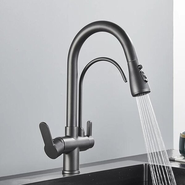 Miscelatore da cucina – Miscelatore estraibile per lavello – Filtro per l'acqua potabile – Rotazione a 360° – Due manopole per acqua fredda e calda – Montaggio su un foro – Ottone – Grigio
