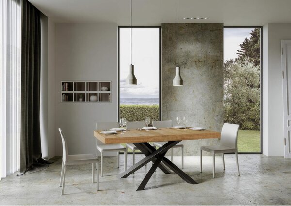 Tavolo Allungabile 160 cm con 2 allunghe VOLANTIS Premium Bianco 90x160xh77 cm estensibile fino a 264 cm Allunghe da 52 cm, gambe in Ferro antracite , piano Quercia Natura