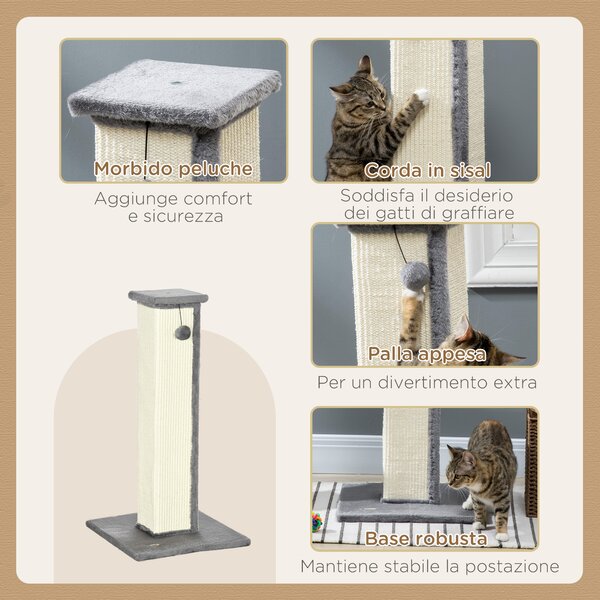 PawHut Tiragraffi per Gatti con Pallina, Palo in Sisal e Rivestimento in Peluche, 41x41x81 cm, Grigio
