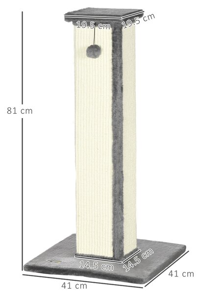 PawHut Tiragraffi per Gatti con Pallina, Palo in Sisal e Rivestimento in Peluche, 41x41x81 cm, Grigio