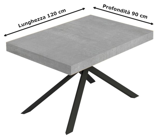 Tavolo Allungabile 120 cm con 2 allunghe NIKET Dimensioni 90x120xh77 cm estensibile fino a 224 cm Allunghe da 52 cm, gambe Antracite Tavolo colore Cemento