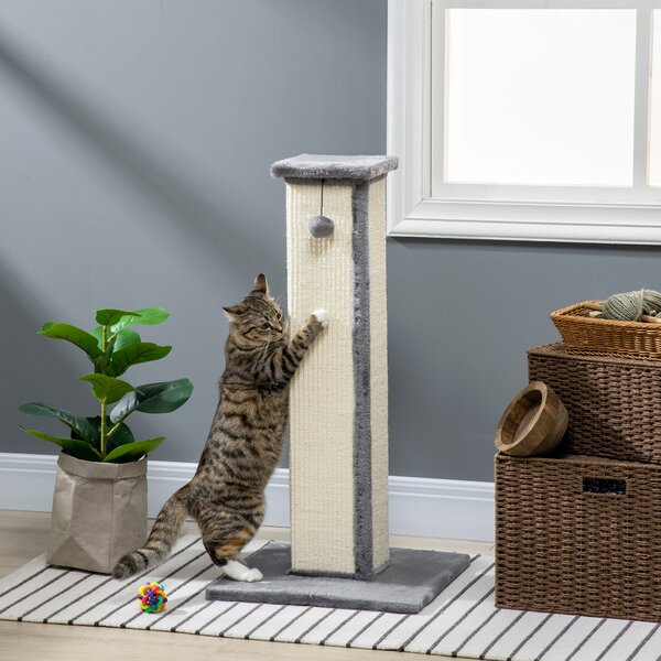 PawHut Tiragraffi per Gatti con Pallina, Palo in Sisal e Rivestimento in Peluche, 41x41x81 cm, Grigio