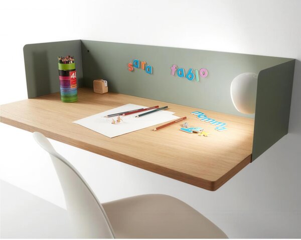 Scrittoio da muro dal design elegante DESKY Dimensioni 80x50x h 25 cm Struttura metallica con piano Rovere naturale spessore 25 con bordi arrotondati VERDE eucalipto