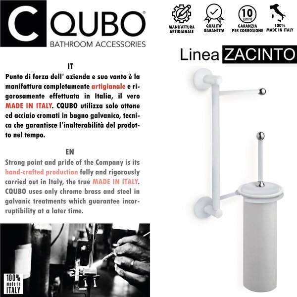 Asta attrezzata WC ZACINTO 18x14xh52 cm Porta scopino in ceramica + porta asciugamani bagno galvanico di oltre 22 micron inalterabile nel tempo bianco con pomelli cromo